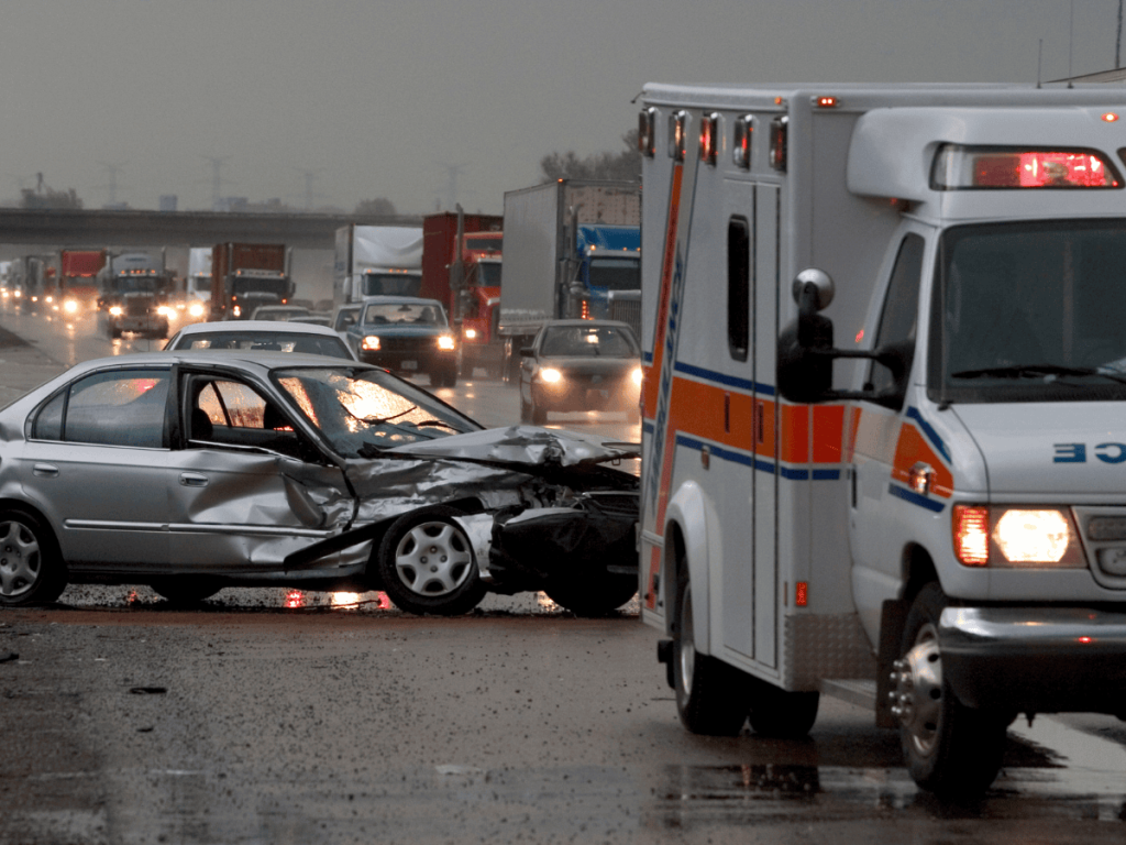Damaged sedan with a crushed front end sits on a wet roadway as an ambulance arrives at the scene, illustrating how dangerous weather conditions can contribute to serious car accidents in Oklahoma City.